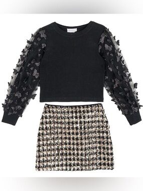 Black Puff-Sleeve Butterfly Sweater with Tweed Sequence Mini Skirt